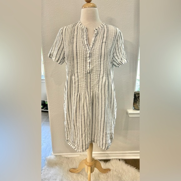 Quince 100% linen Striped Short Sleeve Dress - Neutral Stripes medium - Picture 3 of 7